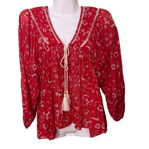 Free People XS Red Floral Boho Blouse With Tie Front & Lace Details Lagenlook